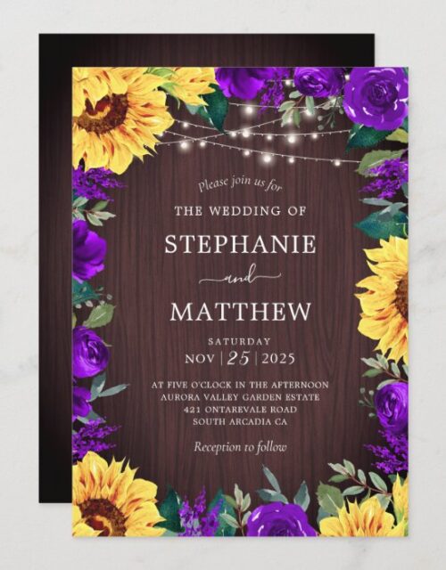 Rustic Sunflower Purple Floral Lights Wedding Invitation