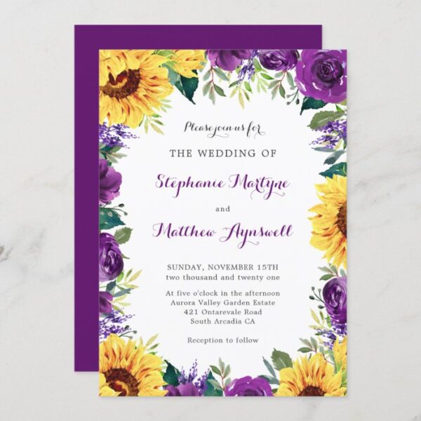 Rustic Sunflower Purple Floral Wedding Invitation