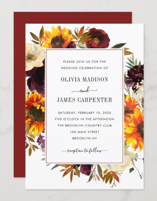 Rustic Sunflower Rose Burgundy Floral Fall Wedding Invitation