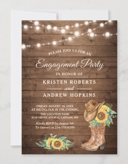 Rustic Sunflowers Boots Lights Engagement Party Invitation