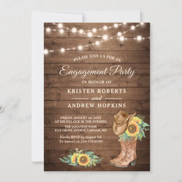 Rustic Sunflowers Boots Lights Engagement Party Invitation
