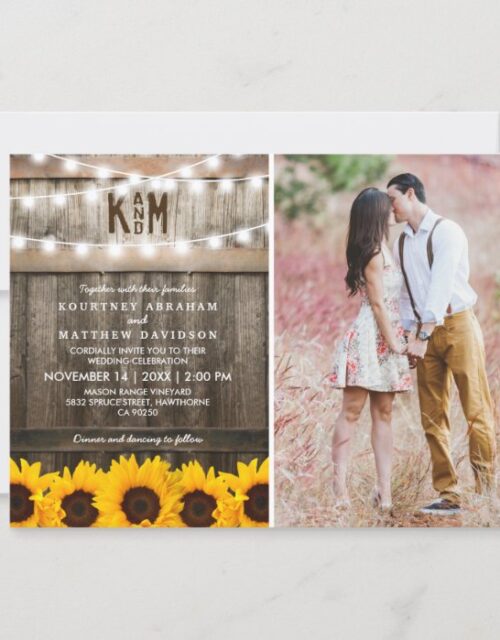 Rustic Sunflowers String Lights Photo Wedding Invitation