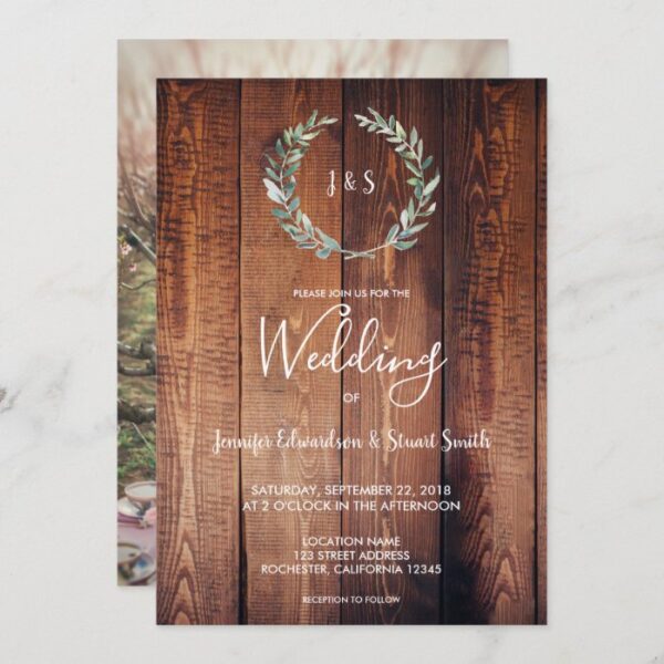 Rustic watercolor leaves monogram photo Wedding Invitation