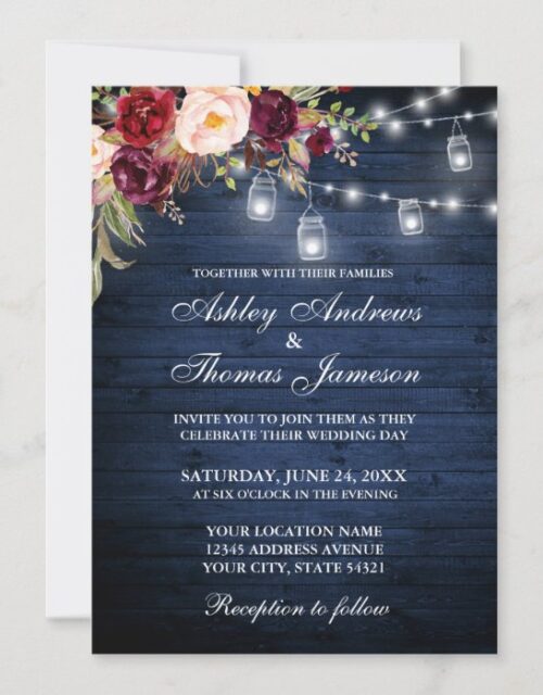 Rustic Wedding Blue Wood Lights Jars Floral Invitation