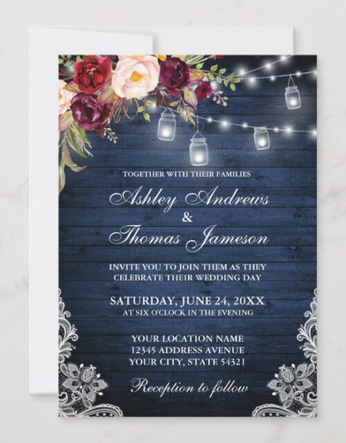 Rustic Wedding Blue Wood Lights Jars Lace Floral Invitation