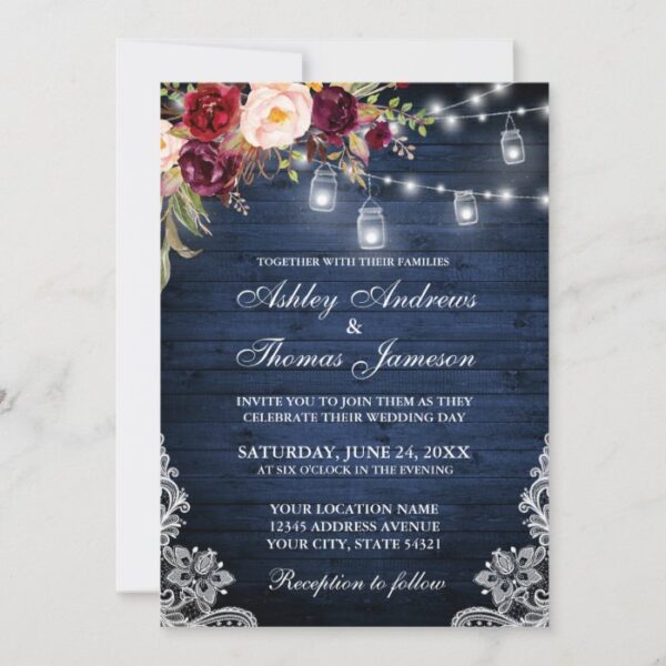 Rustic Wedding Blue Wood Lights Jars Lace Floral Invitation