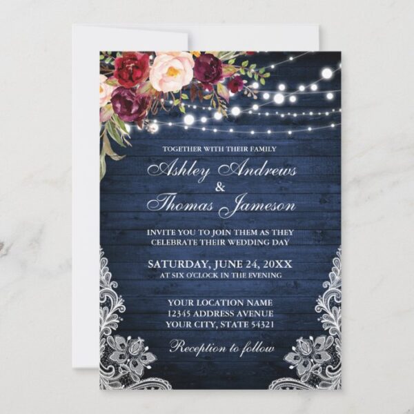 Rustic Wedding Blue Wood Lights Lace Floral Invite