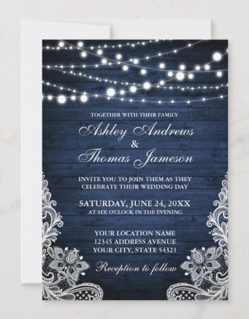 Rustic Wedding Blue Wood String Lights Lace Invite