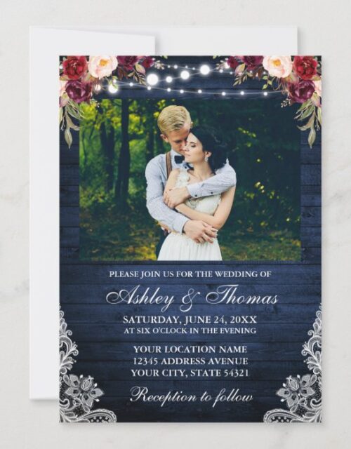 Rustic Wedding Floral Blue Wood Lights Lace Photo Invitation