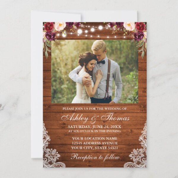 Rustic Wedding Floral Wood Lights Lace Photo Invitation