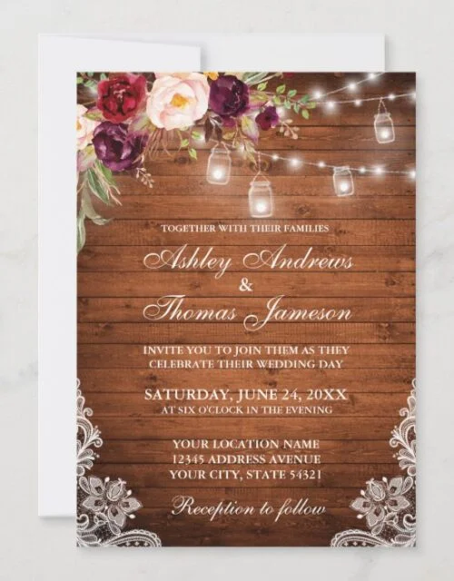 Rustic Wedding Wood Lights Jars Lace Floral Invitation