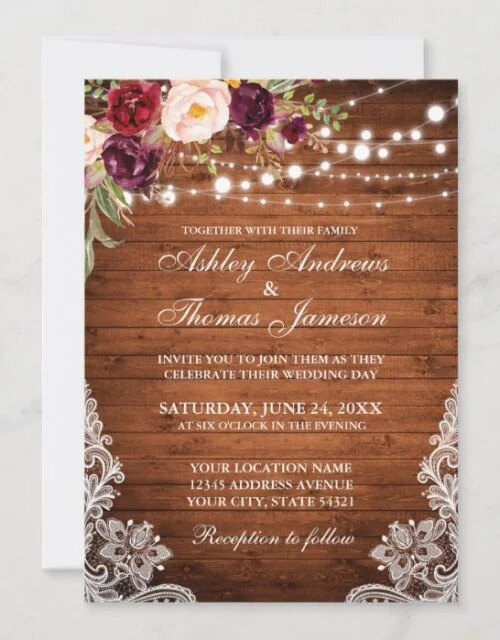 Rustic Wedding Wood Lights Lace Floral Invite