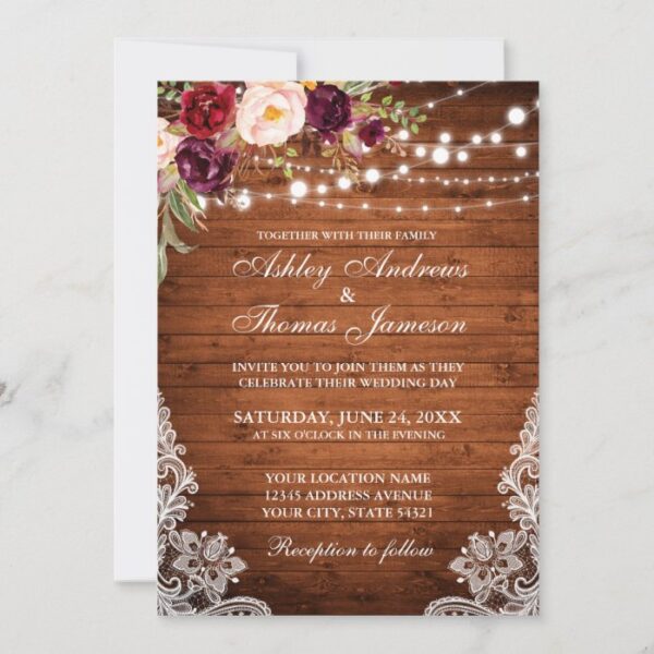Rustic Wedding Wood Lights Lace Floral Invite