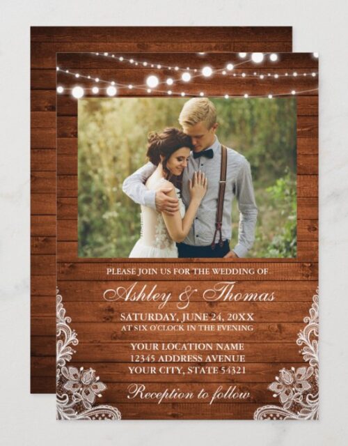 Rustic Wedding Wood Lights Lace Photo Invitation