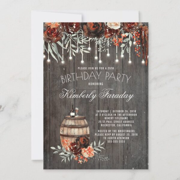 Rustic Winery Floral Lights Birthday Party Invitation