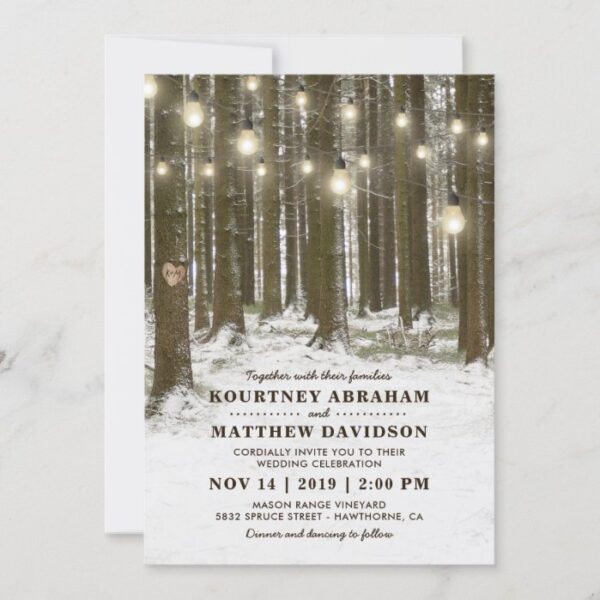 Rustic Winter Woodland Tree String Lights Wedding Invitation