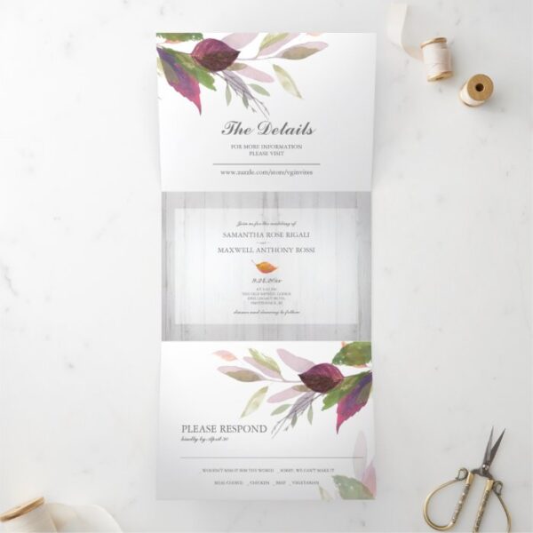 Rustic Wood and Foliage All In One Wedding Invite