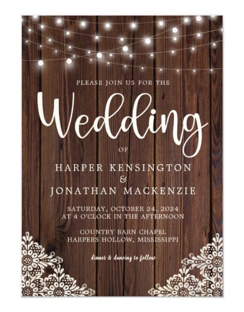 Rustic Wood and String Lights Lace Wedding Magnetic Invitation