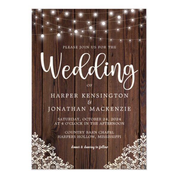 Rustic Wood and String Lights Lace Wedding Magnetic Invitation