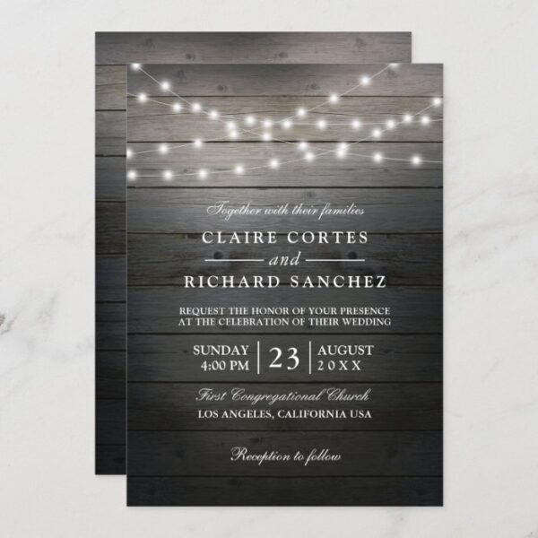 Rustic Wood and String Lights Wedding Invitation