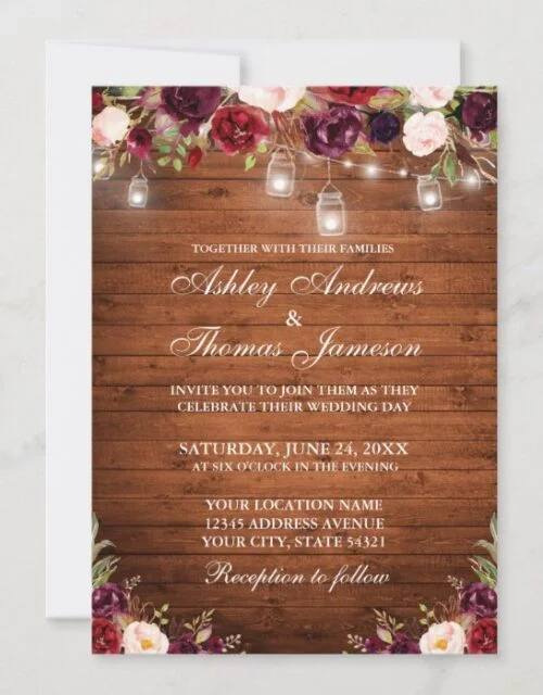 Rustic Wood Burgundy Floral Jar Lights Wedding Invitation