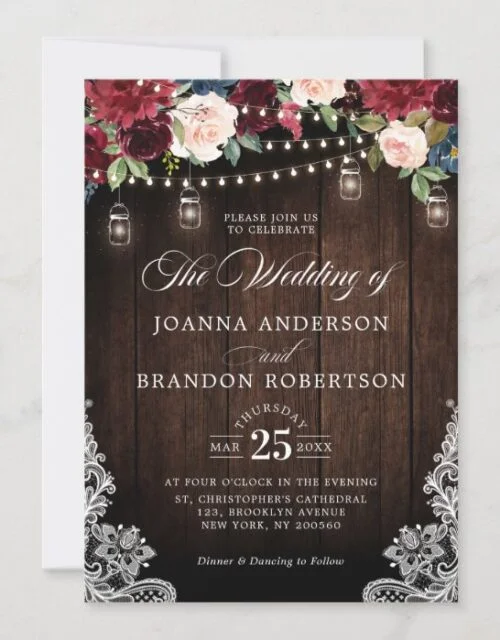 Rustic Wood Burgundy Floral Mason Jar Wedding Invitation