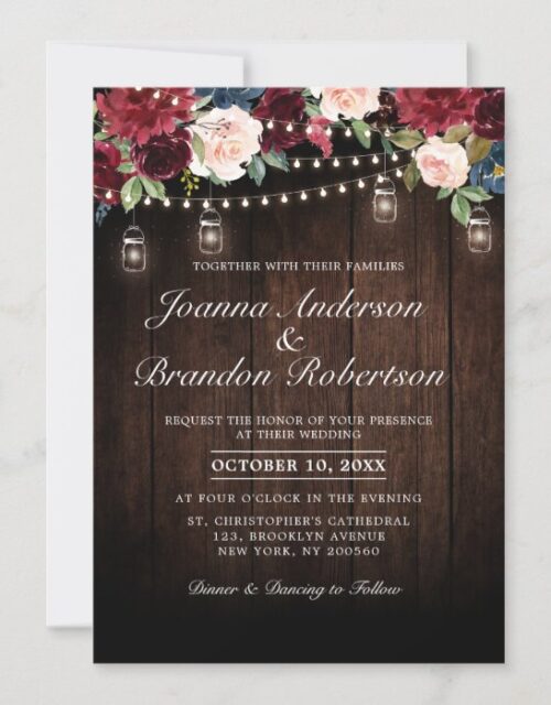 Rustic Wood Burgundy Floral Mason Jar Wedding Invitation