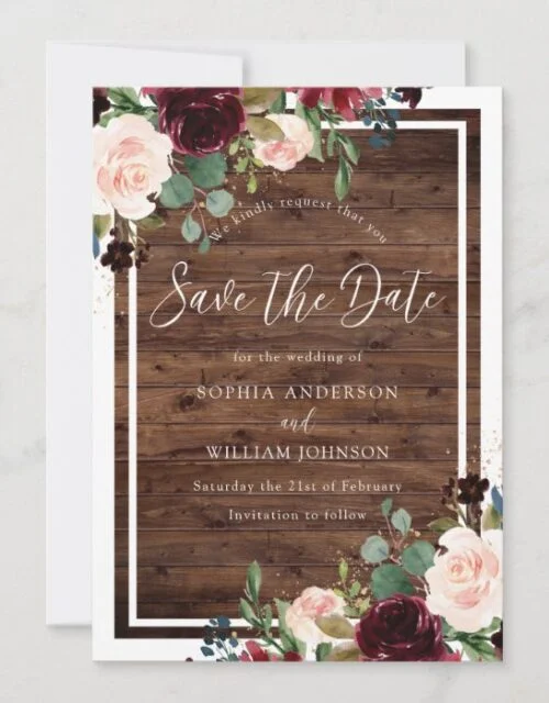 Rustic Wood Burgundy Red Wine Flowers Wedding Save The Date