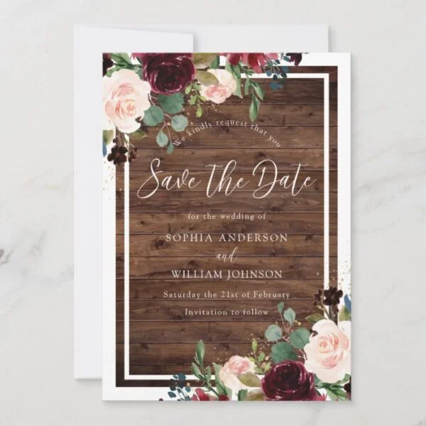 Rustic Wood Burgundy Red Wine Flowers Wedding Save The Date