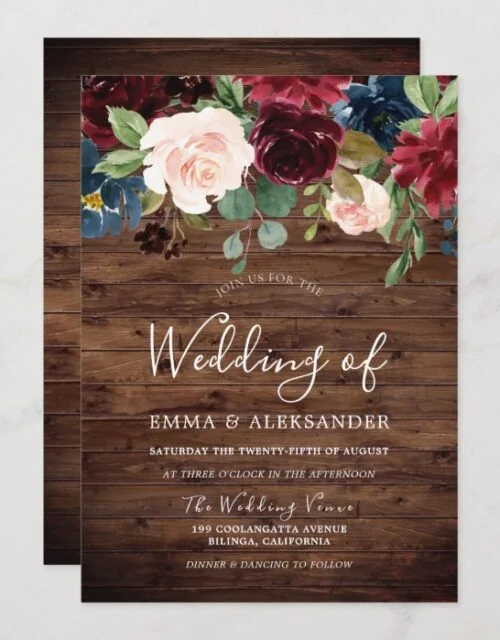 Rustic Wood Burgundy Red Wine Wedding Invite