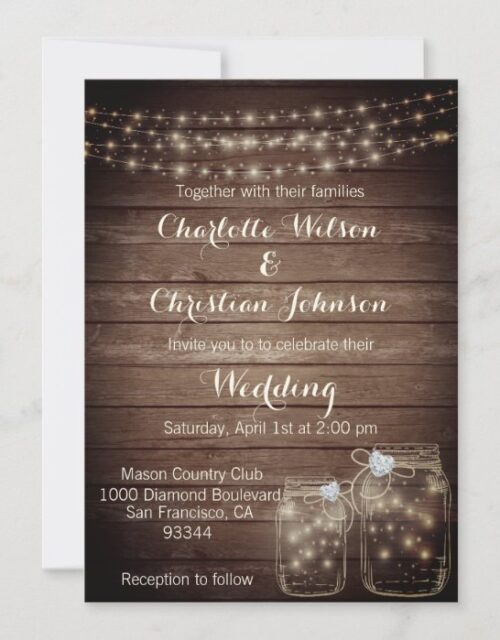 Rustic Wood Country Mason Jar Lights Wedding Invitation
