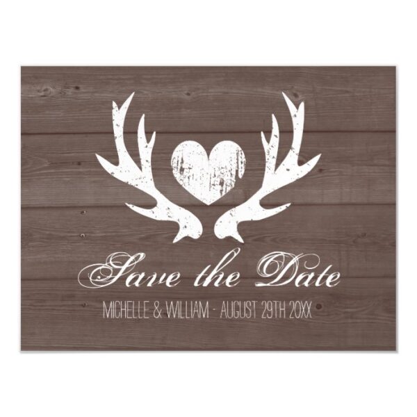 Rustic wood deer antler wedding save the date magnetic invitation