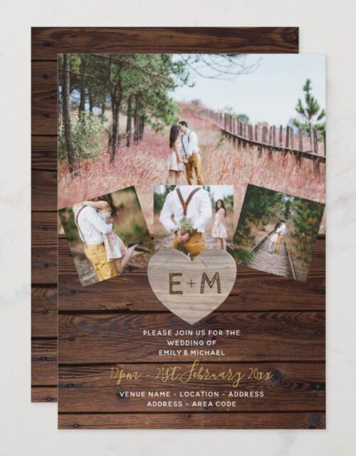 Rustic Wood Engraved Heart PHOTO COLLAGE WEDDINGs Invitation