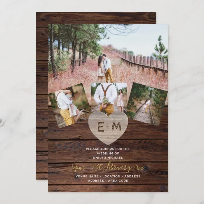 Rustic Wood Engraved Heart PHOTO COLLAGE WEDDINGs Invitation