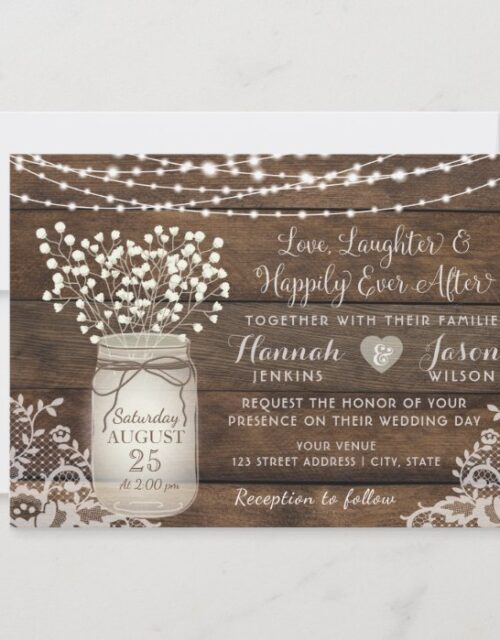 Rustic Wood Lace Wedding Invitation, Mason Jar Invitation