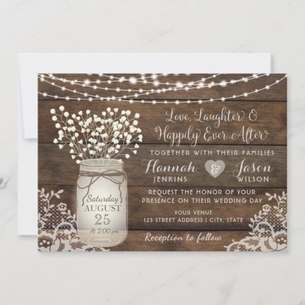 Rustic Wood Lace Wedding Invitation, Mason Jar Invitation