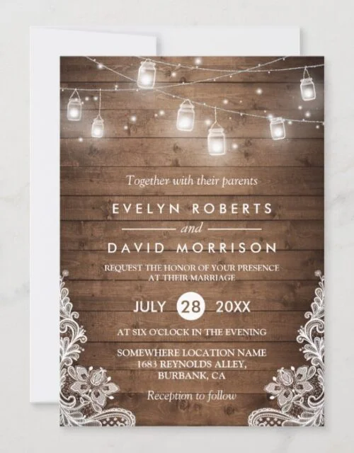 Rustic Wood Mason Jars String Lights Lace Wedding Invitation