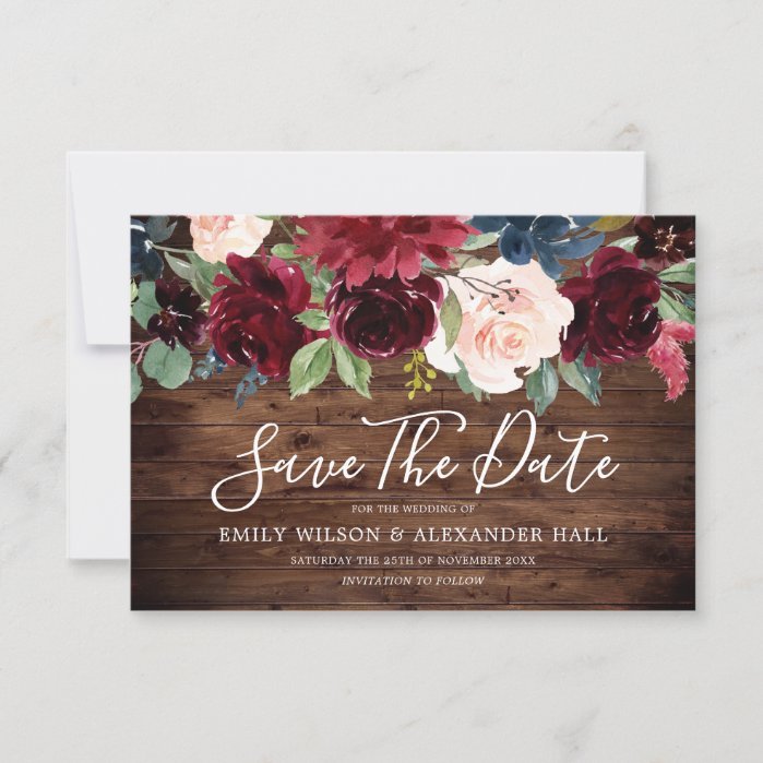 Rustic Wood Red Wine Burgundy Flowers Wedding Save The Date