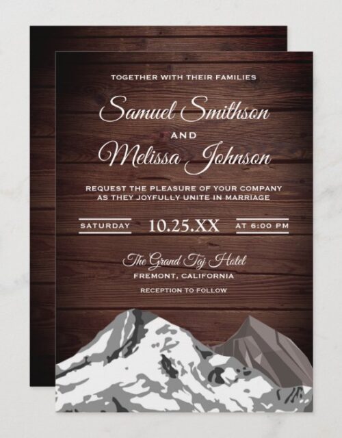Rustic Wood Snow Capped Mountains Wedding Invite