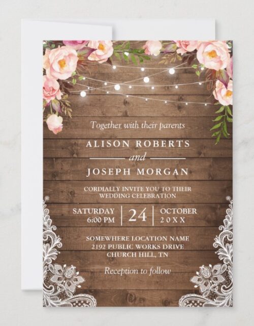 Rustic Wood String Lights Lace Floral Farm Wedding Invitation