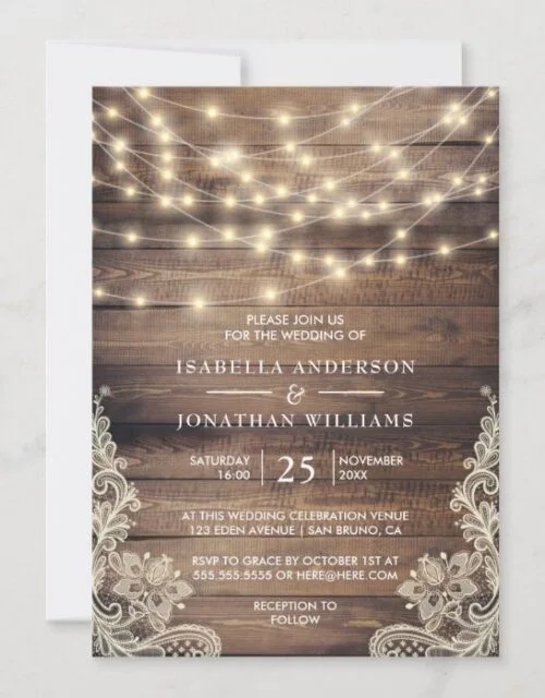 Rustic Wood & String Lights | Vintage Lace Wedding Invitation