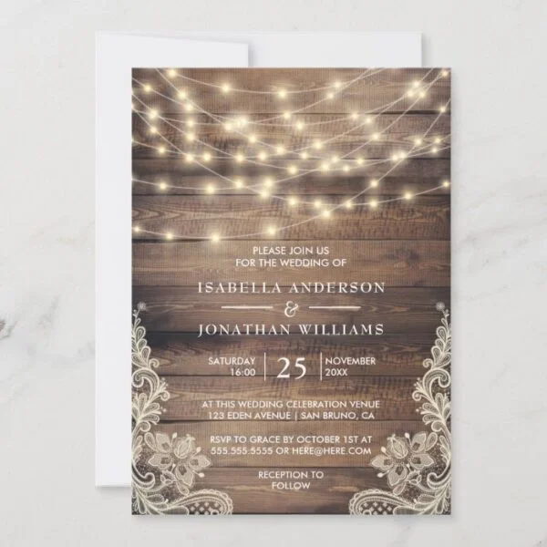 Rustic Wood & String Lights | Vintage Lace Wedding Invitation
