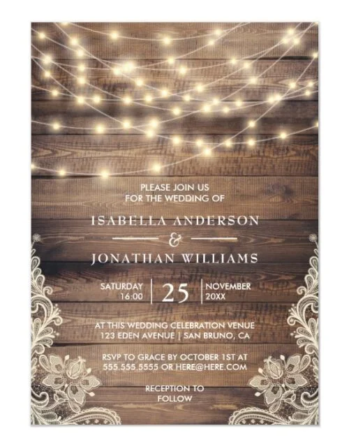Rustic Wood & String Lights | Vintage Lace Wedding Magnetic Invitation