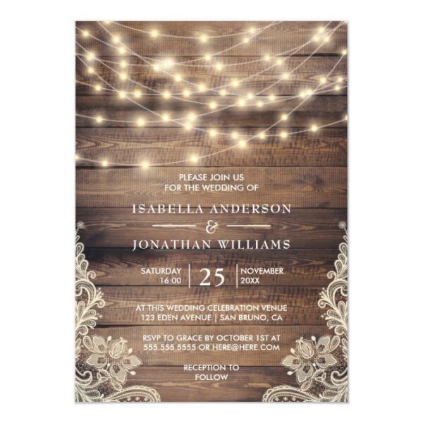 Rustic Wood & String Lights | Vintage Lace Wedding Magnetic Invitation