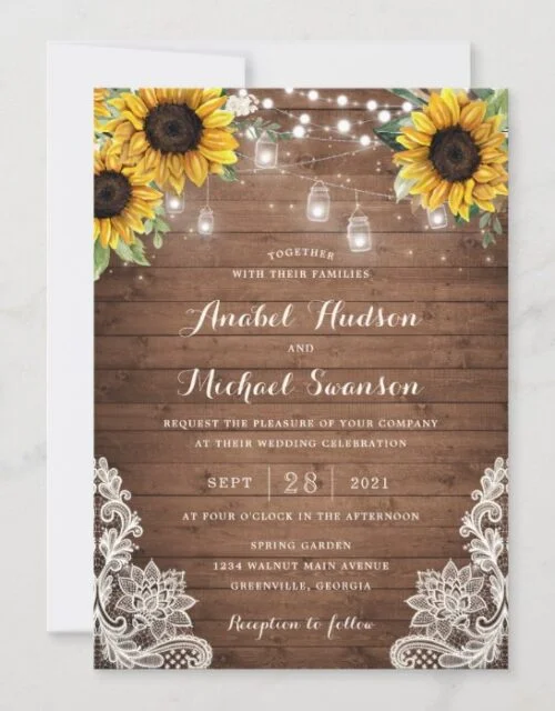 Rustic Wood Sunflower String Lights Lace Mason Jar Invitation