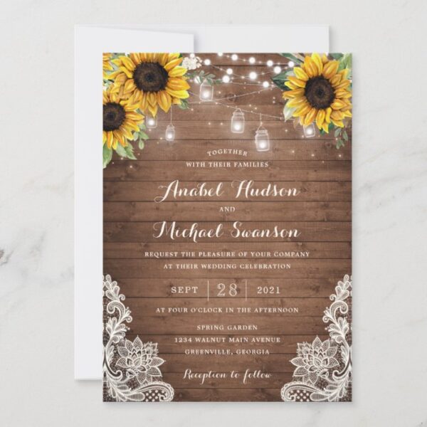Rustic Wood Sunflower String Lights Lace Mason Jar Invitation