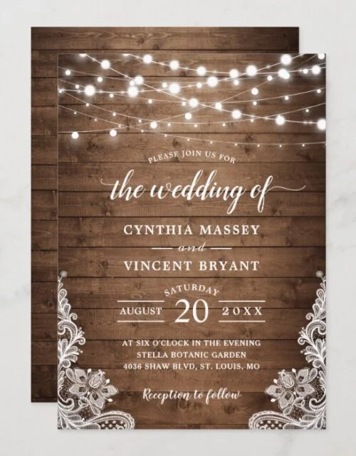 Rustic Wood Twinkle String Lights Lace Wedding Invitation