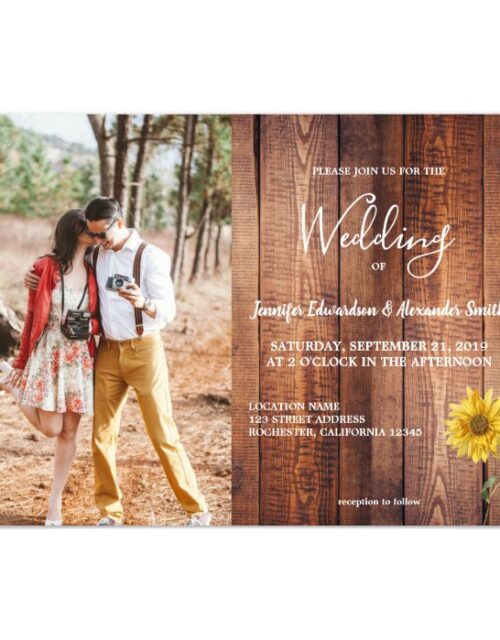 Rustic wood watercolor sunflower photo wedding magnetic invitation