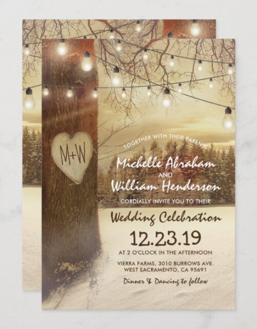 Rustic Xmas Winter Tree Twinkle Lights Wedding Invitation