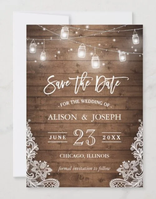Save The Date Mason Jars Lights Rustic Wood Lace
